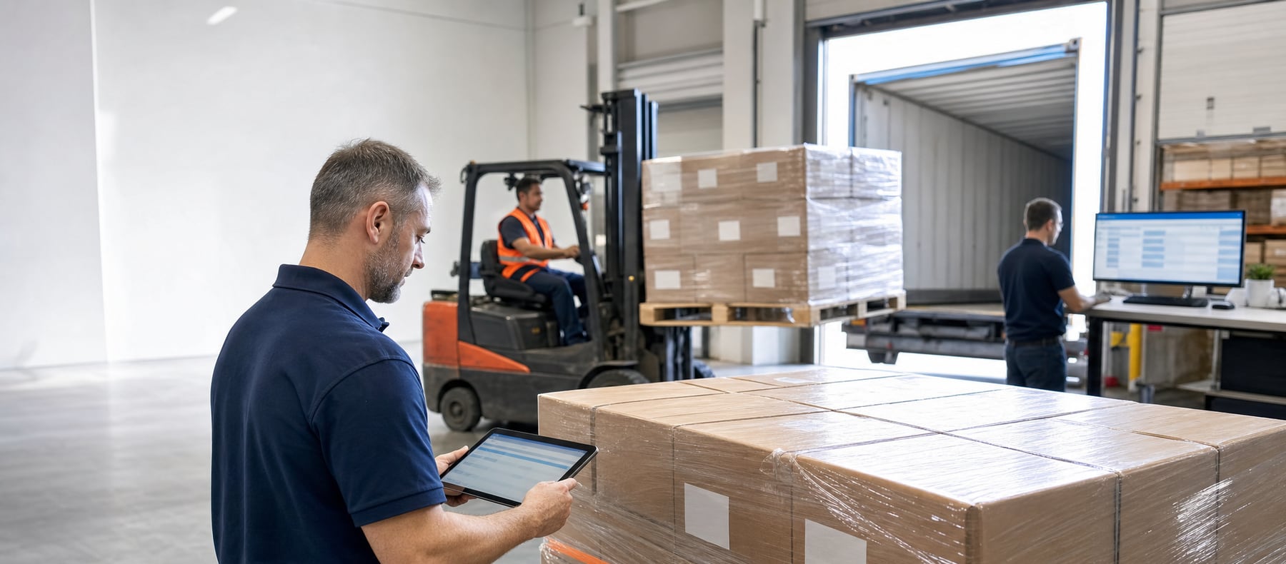Warehouse team preparing palletized purchase-order shipments for Amazon fulfillment centers, managed from Odoo