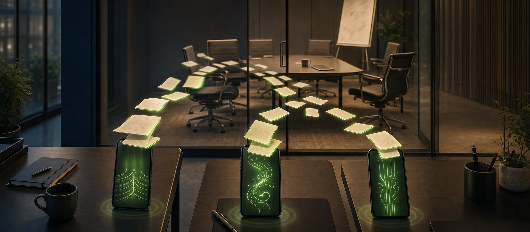 Task cards flying from an emptied meeting room into three phones, each receiving them in its own language