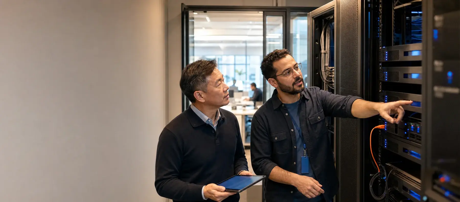A finance manager and a systems owner comparing accredited e-invoicing provider options on a laptop beside a second screen showing an invoice list
