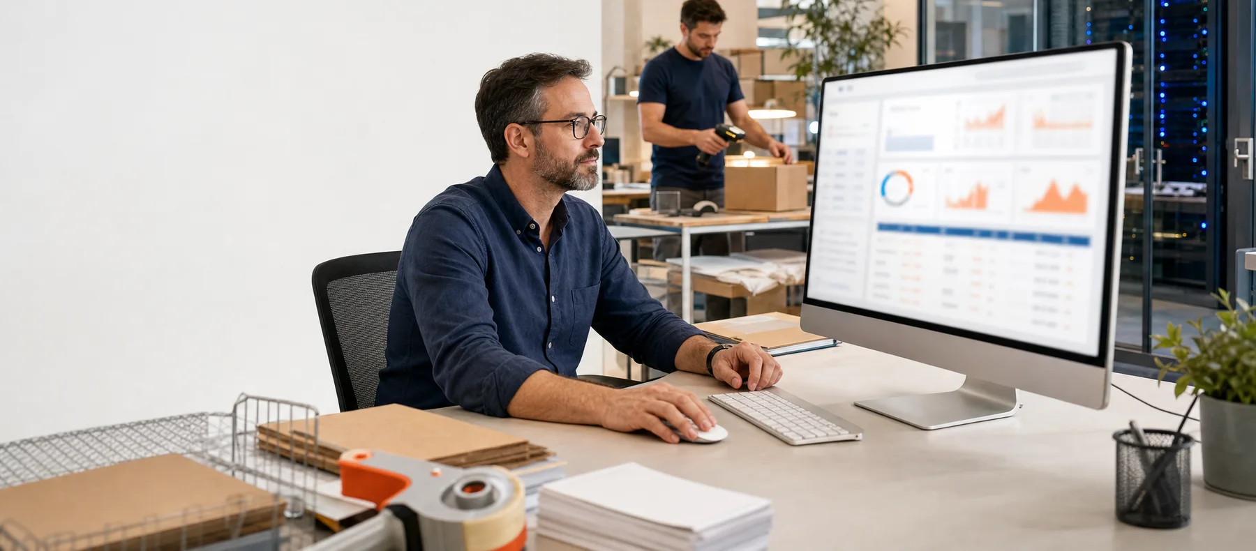 Ecommerce operations manager reviewing a seller dashboard beside a packing station