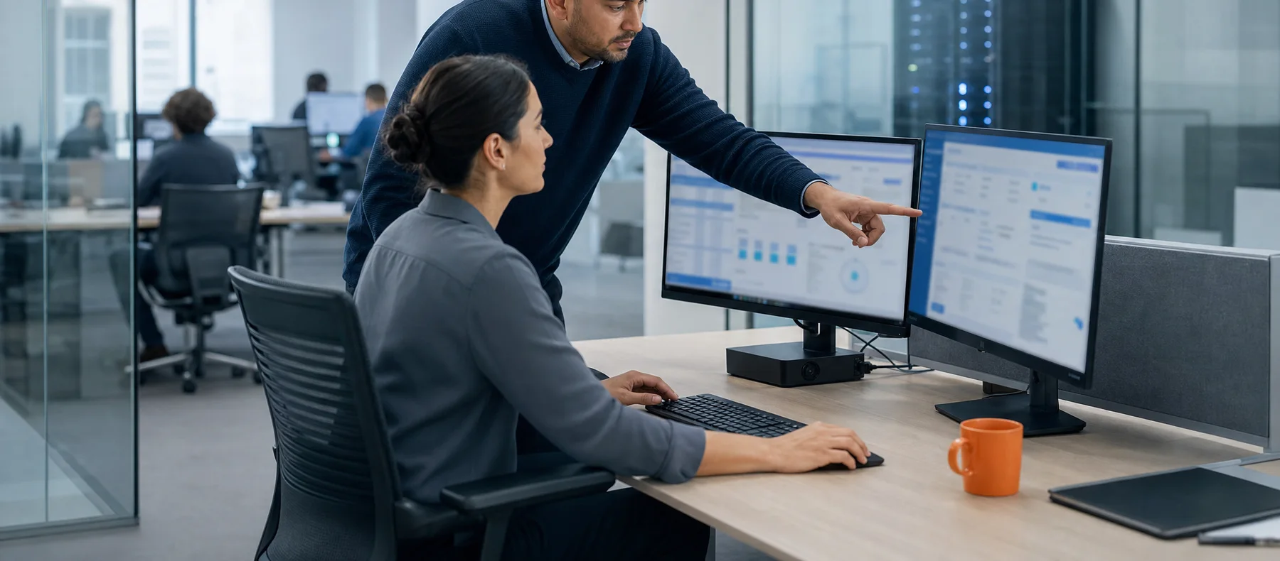 Business analyst and colleague reviewing Dynamics 365 screens at a dual-monitor desk