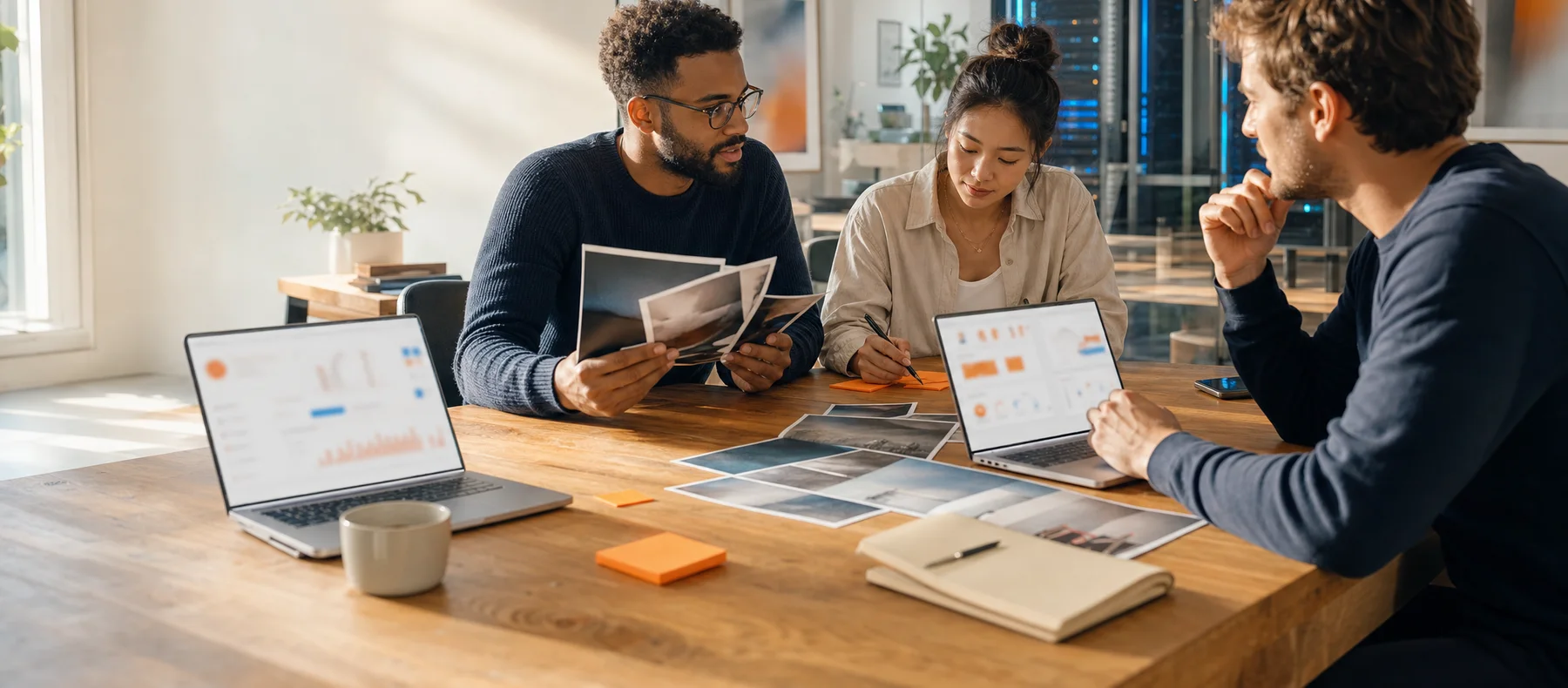 Marketing team planning campaigns around laptops with HubSpot dashboards in a bright studio