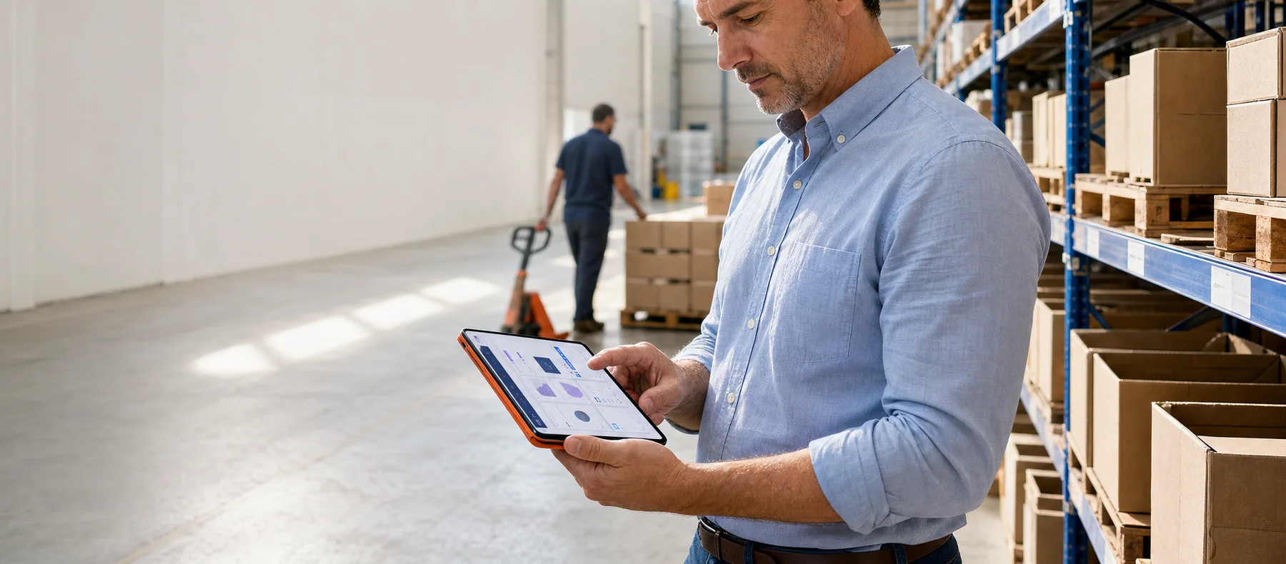 Operations manager checking Odoo inventory on a tablet in a modern warehouse