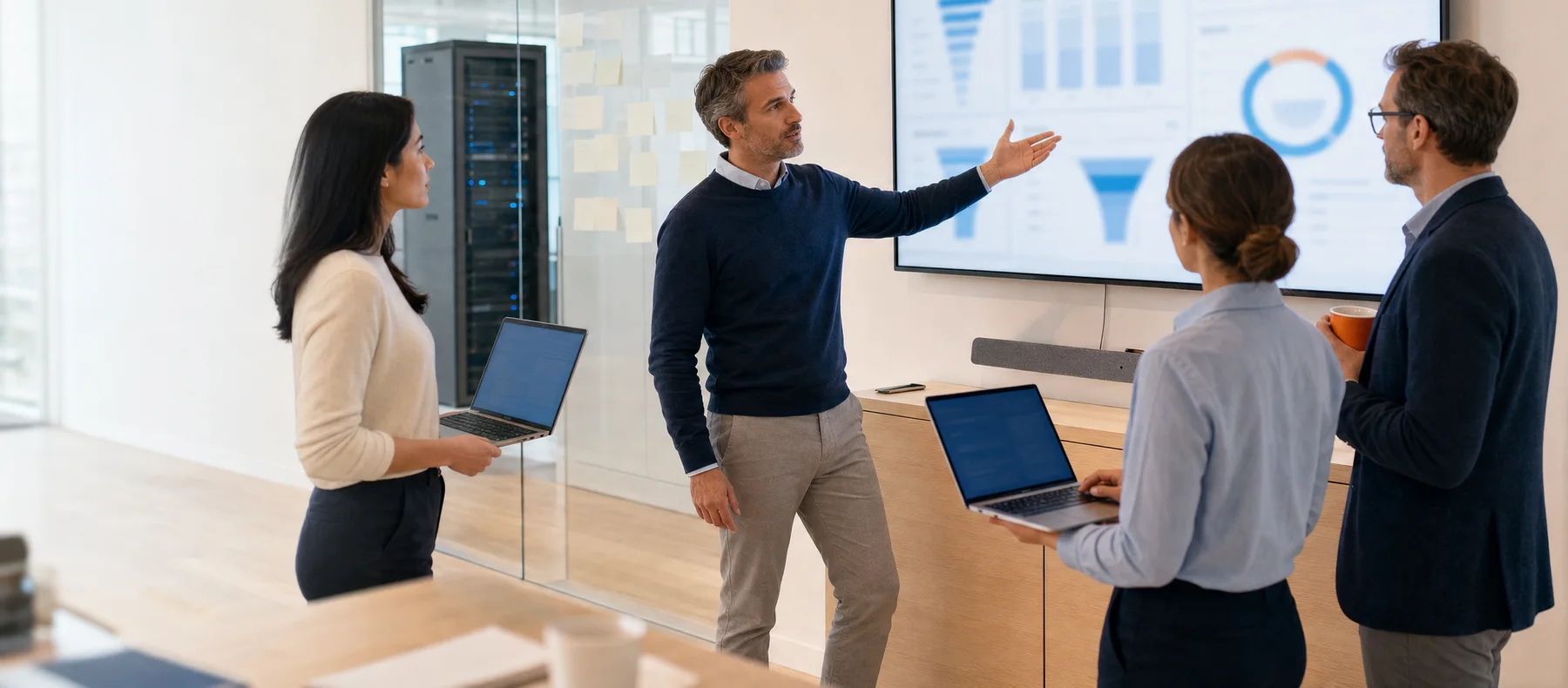 Revenue team reviewing a Salesforce dashboard together on a large office screen