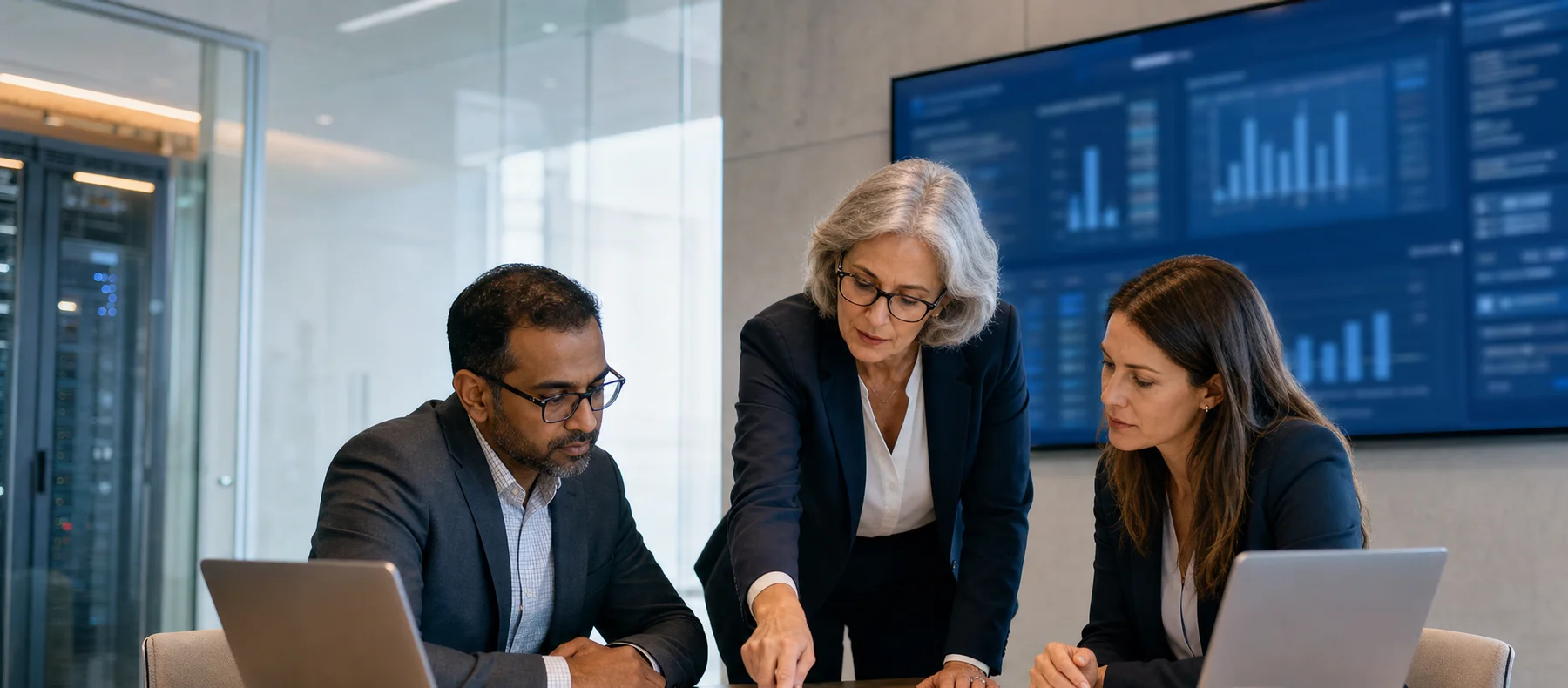 Enterprise finance team reviewing SAP reports and dashboards in a glass boardroom