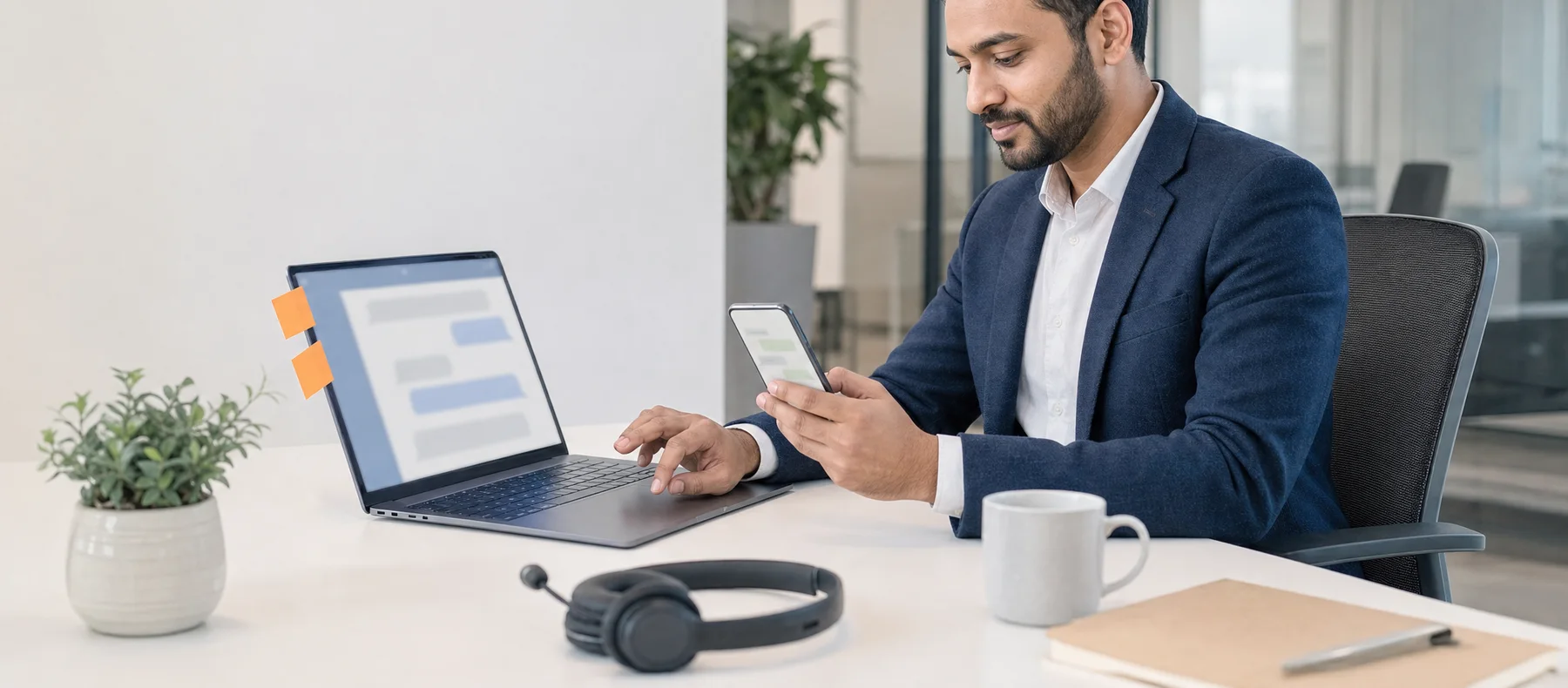Support professional replying to WhatsApp Business customer chats on phone and laptop