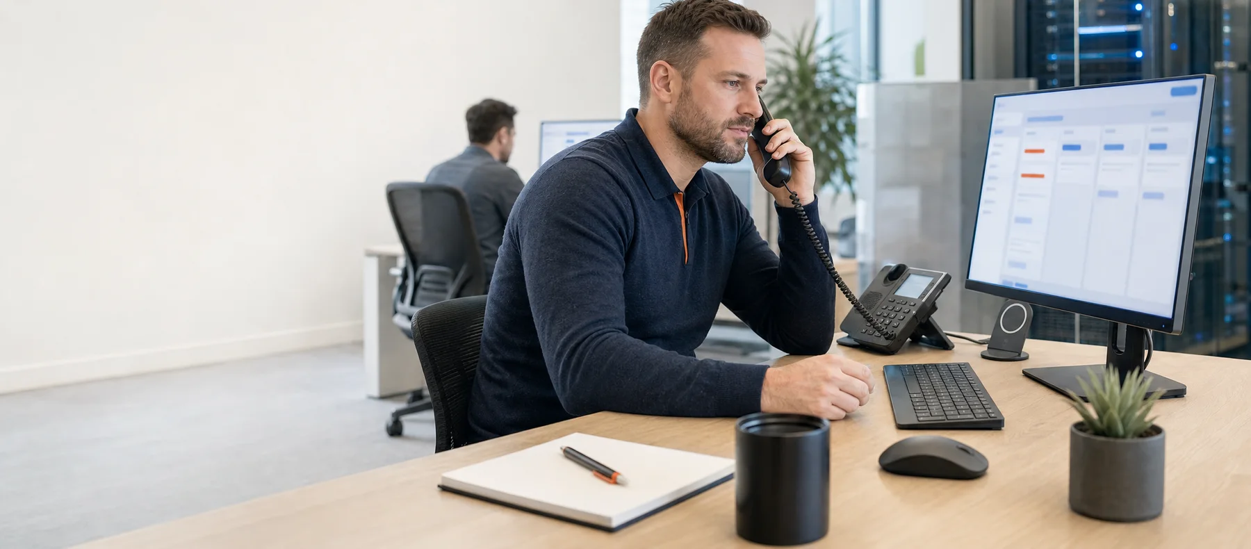 Salesperson on a call reviewing a Zoho CRM pipeline dashboard on a monitor