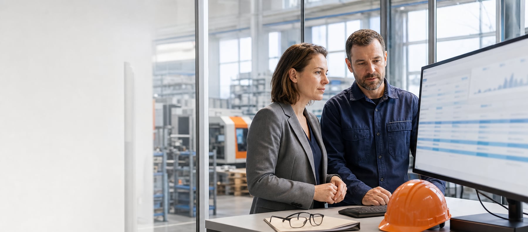 Operations and finance staff at a German manufacturer reviewing orders and stock in an ERP system beside the production floor