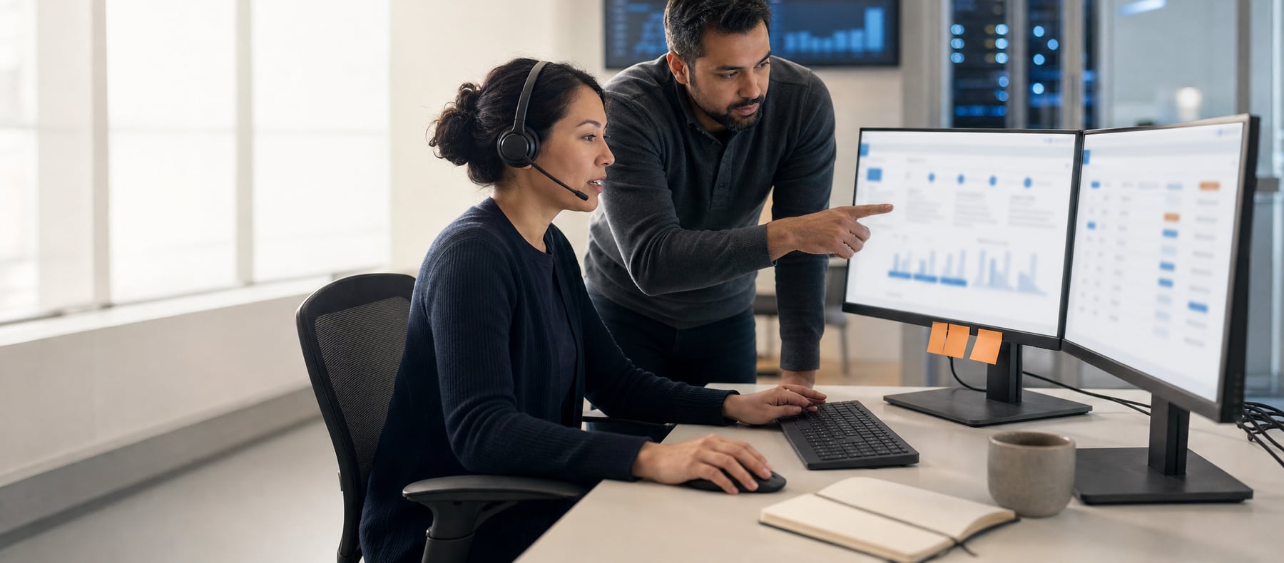 Odoo support engineers monitoring an ERP system and taking user tickets in a modern operations office
