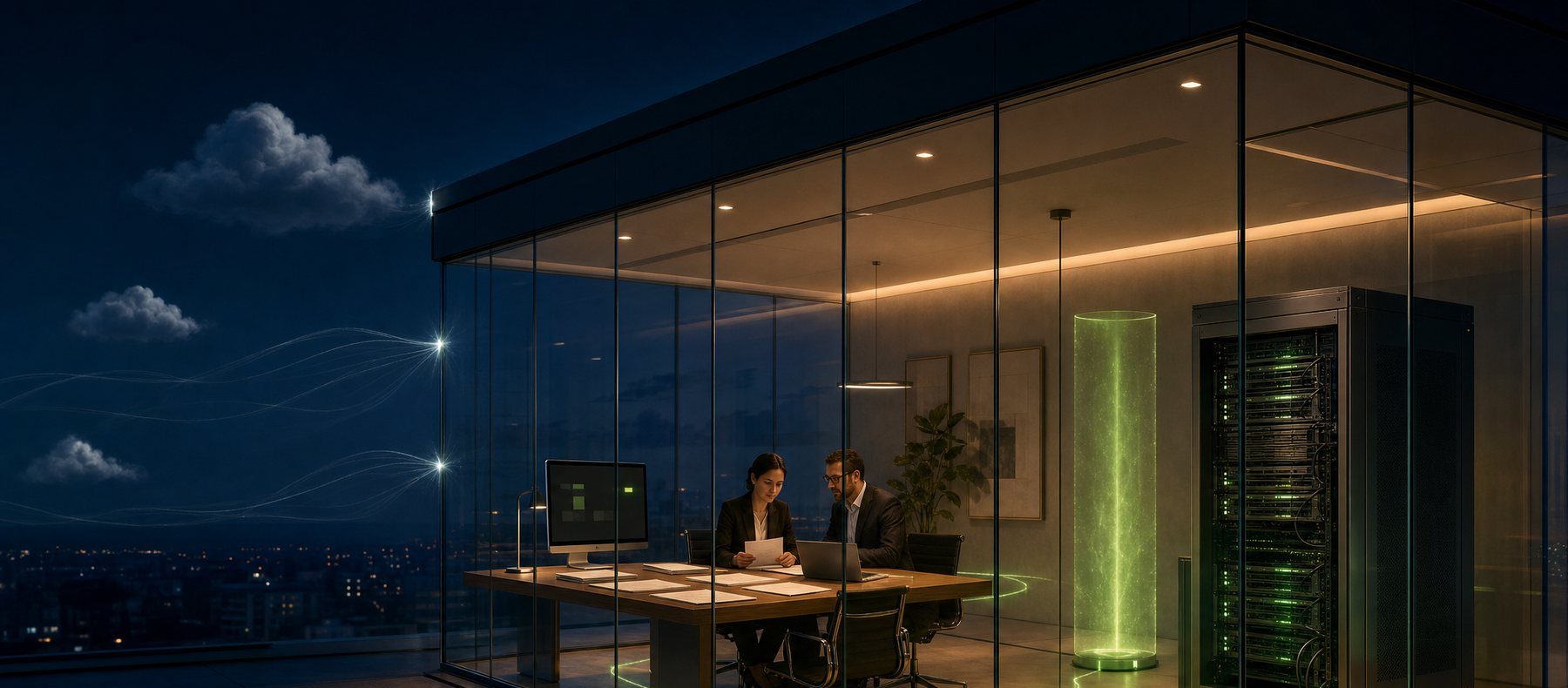 AI and GPU servers working inside a glass company office while external clouds and their data streams stay locked outside the wall
